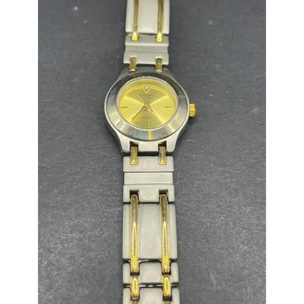 Solitaire Genuine Diamond Quartz Watch Two Tone Gold Silver Japan Movt 23MM
